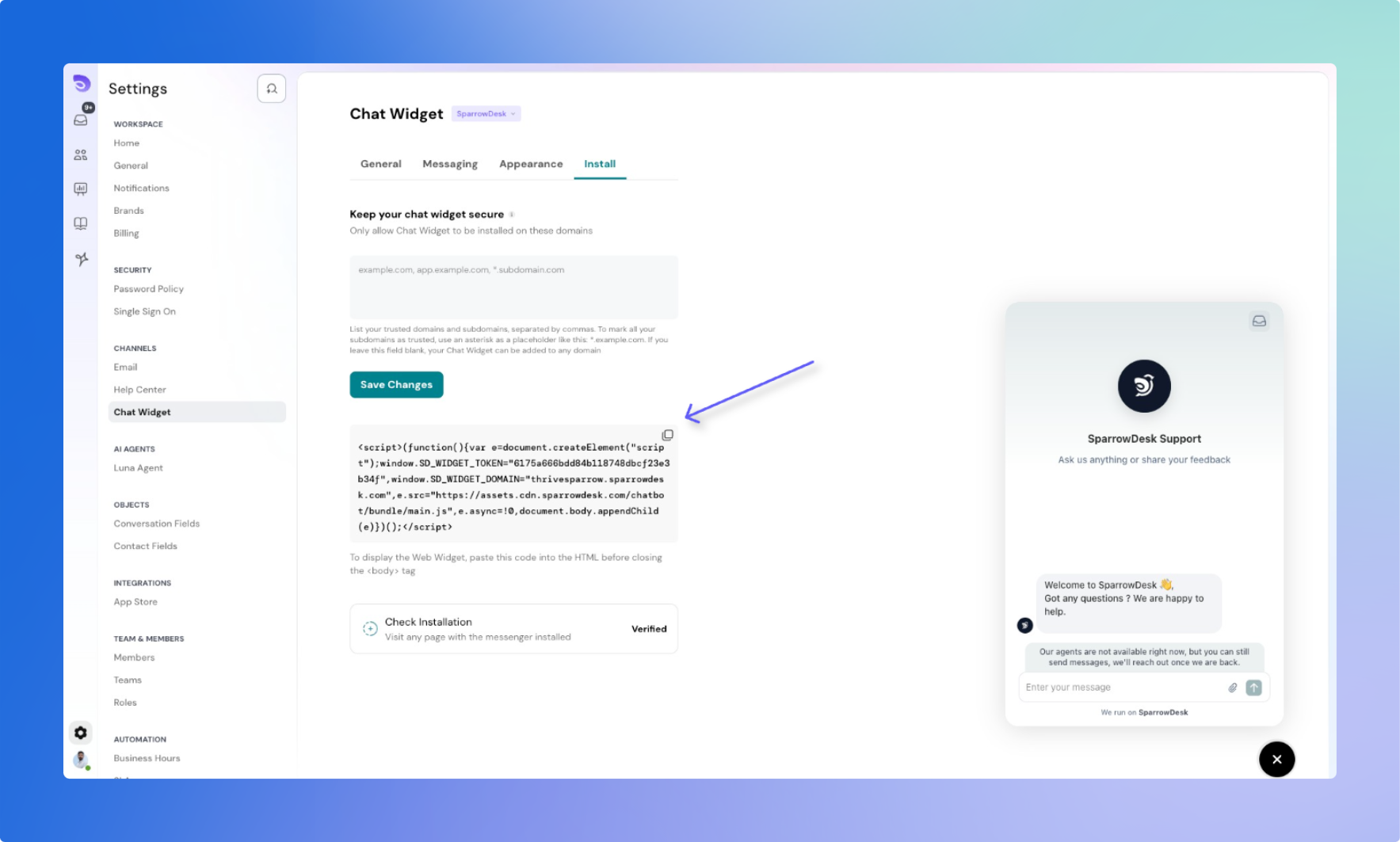 SparrowDesk Chat Widget Settings Page.png